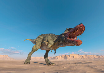 tyrannosaurus is angry on sunset desert cool view