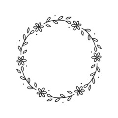 Spring floral wreath isolated on white background. Round frame with flowers. Vector hand-drawn illustration in doodle style. Perfect for cards, invitations, decorations, logo, various designs.