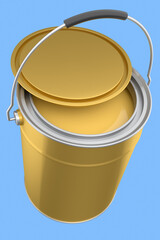 Open metal can or buckets of paint with handle on blue background.