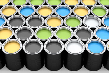 Set of open metal can or buckets of paint in row pattern on white background.