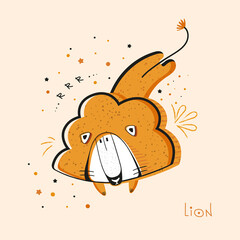 Cute cartoon lion with decor elements. Baby lion animal character. Wildlife animals. Good for poster, card, kids products. Vector design.
