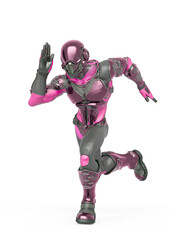 futuristic astronaut is running fast in action on white background