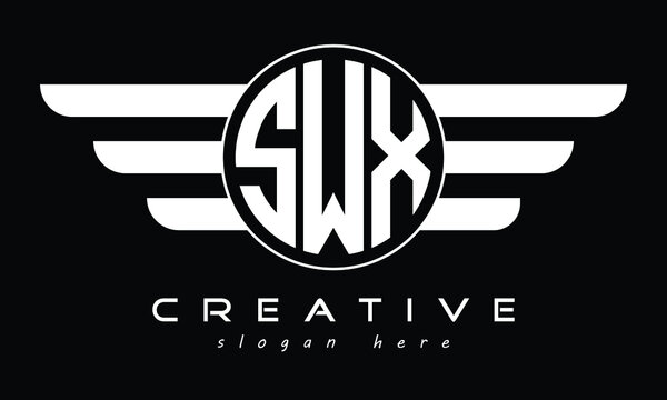 SWX three letter initial letter logo in circle with wings vector template.