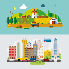Naklejka premium Set of different landscapes in the flat style - urban, rural, country, fabulous, city, mountain, travel.