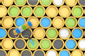 Set of open metal can or buckets of paint in row pattern on white background.