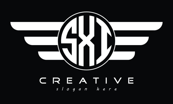 SXI three letter initial letter logo in circle with wings vector template.