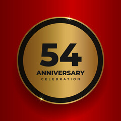 54 years anniversary celebration background. Celebrating 54th anniversary event party poster template. Vector golden circle with numbers and text on red square background. Vector illustration