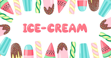 Banner design with multicolored ice cream. Background design for social media, greeting cards, flyers, invitations, postcards. Ice cream business template