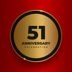 51 years anniversary celebration background. Celebrating 51st anniversary event party poster template. Vector golden circle with numbers and text on red square background. Vector illustration