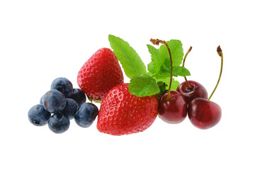Fototapeta na wymiar Fresh strawberry, cherry, blueberry and mint isolated on white