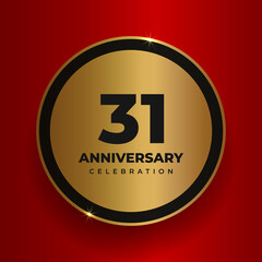31 years anniversary celebration background. Celebrating 31st anniversary event party poster template. Vector golden circle with numbers and text on red square background. Vector illustration