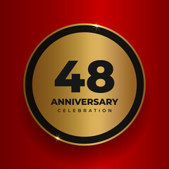 48 years anniversary celebration background. Celebrating 48th anniversary event party poster template. Vector golden circle with numbers and text on red square background. Vector illustration