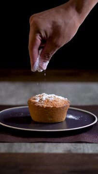 Vertical video of a freshly baked corn muffin with cheese, video for social networks.