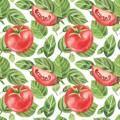Seamless watercolor surface pattern from fresh ripe tomatoes and green basil on white background. Fresh tomatoes flat lay, view from above.