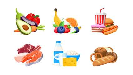 Set of different types of food cartoon vector illustration. Fast food, vegetables, dairy, meat, bakery, fruits. different food groups. Kinds of food.  - obrazy, fototapety, plakaty