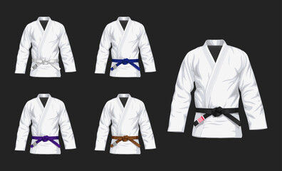 Set of BJJ White Gis with different belts flat vector illustration. Kimono with all belts vector illustration in flat style. Brazilian Jiu-Jitsu kit. Isolated on black background.	