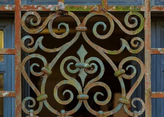 Old ornate wrought-iron grille in the floral shape window. Rust, slime and the worn blue paint.