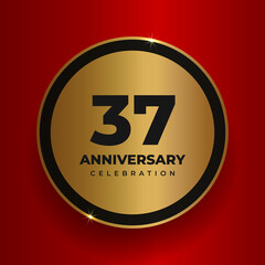 37 years anniversary celebration background. Celebrating 37th anniversary event party poster template. Vector golden circle with numbers and text on red square background. Vector illustration