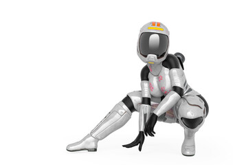 coolest astronaut girl is crouching in white background with copy space