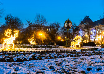 Christmas decorations in the gardens of Cismigiu park located in downtown Bucharest, Romania