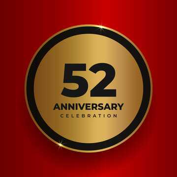 52 years anniversary celebration background. Celebrating 52nd anniversary event party poster template. Vector golden circle with numbers and text on red square background. Vector illustration