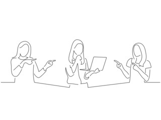 Young people in line art drawing style. Composition of three persons making expressions. Black linear sketch isolated on white background. Vector illustration design.