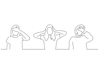 Young people in line art drawing style. Composition of three persons making expressions. Black linear sketch isolated on white background. Vector illustration design.