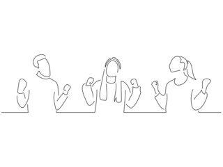 Young people in line art drawing style. Composition of three persons making expressions. Black linear sketch isolated on white background. Vector illustration design.