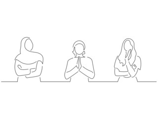 Young people in line art drawing style. Composition of three persons making expressions. Black linear sketch isolated on white background. Vector illustration design.