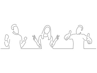 Young people in line art drawing style. Composition of three persons making expressions. Black linear sketch isolated on white background. Vector illustration design.