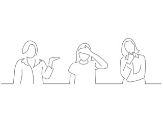 Young people in line art drawing style. Composition of three persons making expressions. Black linear sketch isolated on white background. Vector illustration design.