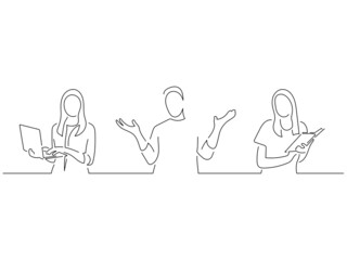 Young people in line art drawing style. Composition of three persons making expressions. Black linear sketch isolated on white background. Vector illustration design.
