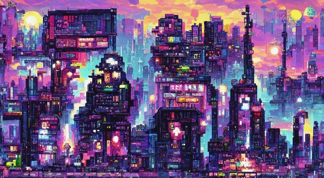 Cyberpunk city neon night. Retro futuristic pixel art composition. Future cityscape in a style of 80's. Urban wallpaper. 3D illustration.