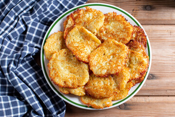 Potato pancakes. Stack of potato fritters. Top view