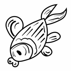 Black doodle fish vector illustration. Animal icon for kids. Line art on white background.