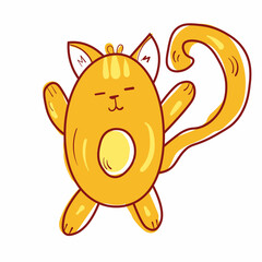 Cute cat doodle illustration. Animal icon. Black line art with color on white background.