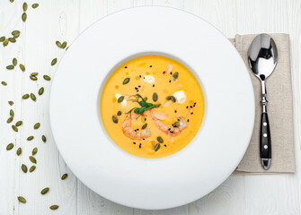 Sweet Potato Soup with Carrot, Pumpkin, Shrimps, Feta Cheese, Parsley