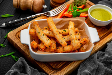 Fish sticks with fresh vegetables on a wooden board.