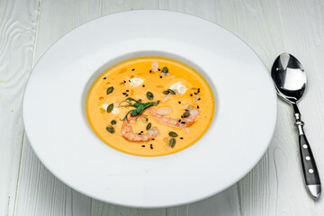 Sweet Potato Soup with Carrot, Pumpkin, Shrimps, Feta Cheese, Parsley