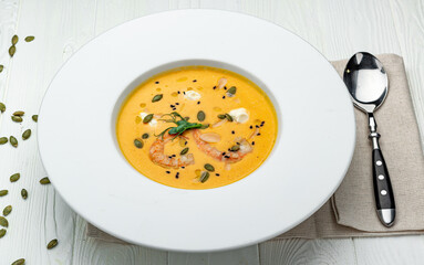 Sweet Potato Soup with Carrot, Pumpkin, Shrimps, Feta Cheese, Parsley