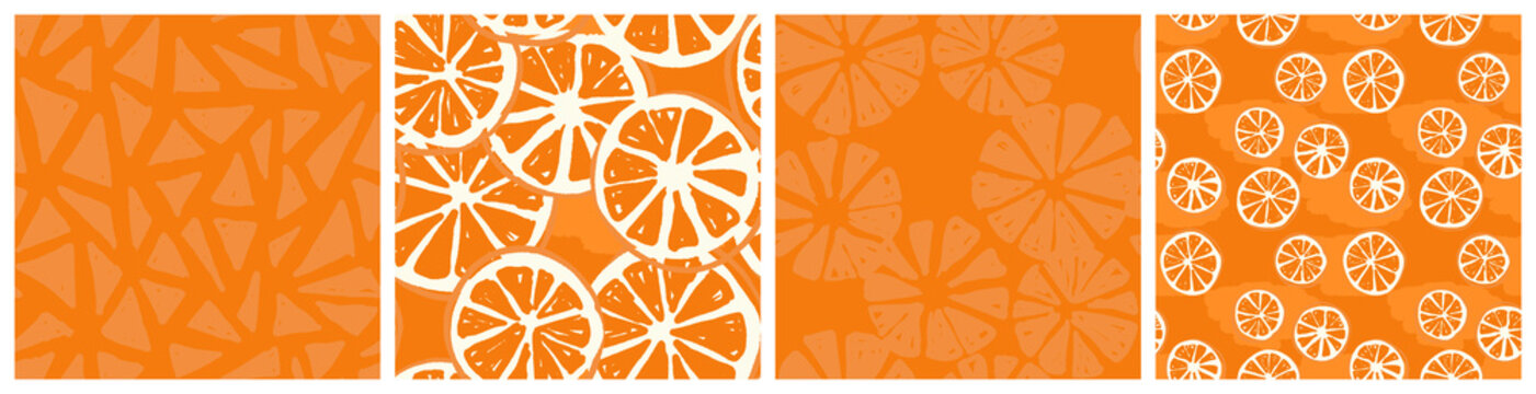 Simple orange citrus fruit vector seamless pattern set.	