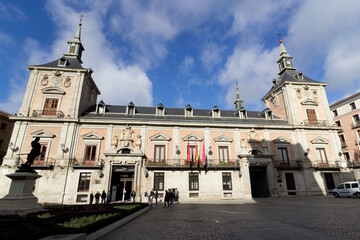 Fototapeta premium View of Madrid old Plaza de La Villa in the old town of Madrid, Spain. Architecture and landmark of Madrid.