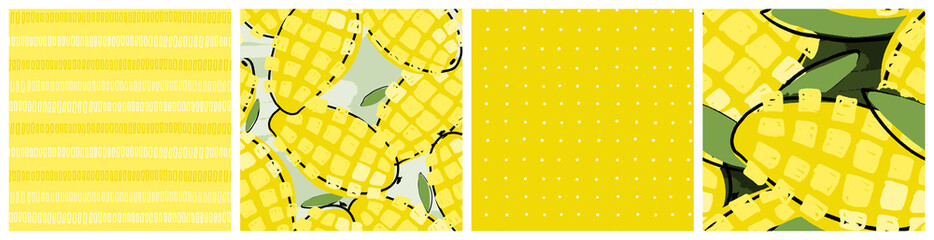 Mango fruit abstract seamless pattern. Colorful kitchen textile or product packaging background in yellow, green and mint  colors.