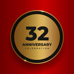 32 years anniversary celebration background. Celebrating 32nd anniversary event party poster template. Vector golden circle with numbers and text on red square background. Vector illustration
