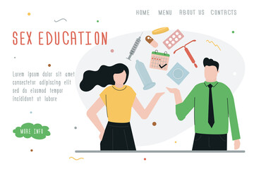 Sex education. People with contraceptives. Anti-pregnancy products. Contraception concept. Template, landing page for website. Safe relation and intercourse