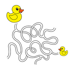 Maze with ducklings. Vector cartoon duck and duckling in children's style. Vector illustrations for children books. Labyrinth.