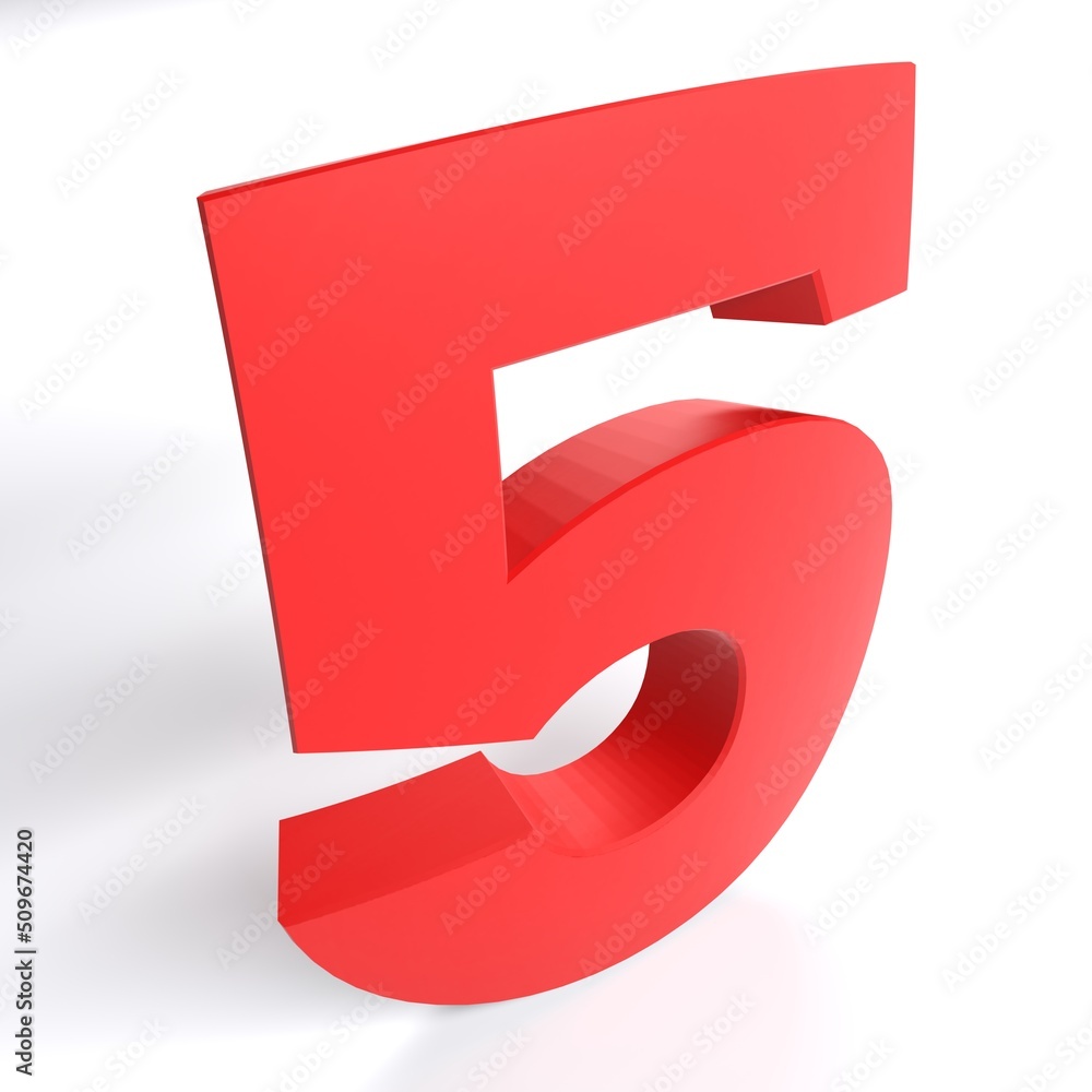Poster number 5 in red color isolated on white background - 3d rendering illustration