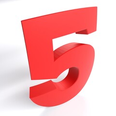 Number 5 in red color isolated on white background - 3D rendering illustration