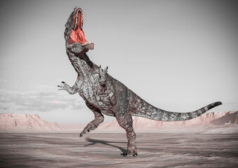 giganotosaurus is doing a fight pose on sunset desert © DM7