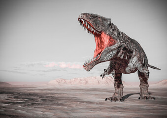 giganotosaurus is doing a intimidating pose on sunset desert with copy space © DM7